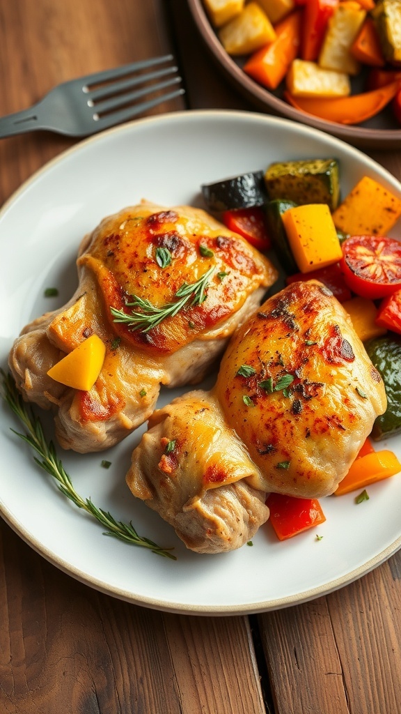 Oven-baked chicken thighs with roasted vegetables on a rustic table.